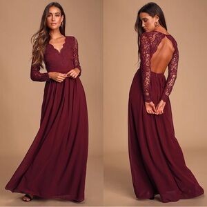 Lulus Awaken My Love Burgundy Long Sleeve Lace Wedding Guest Maxi Dress Size XL
